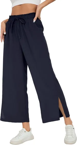 HIYIYEZI Womens Wide Leg Lounge Pants High Waisted Drawstring Casual Loose Palazzo Trousers with Pockets