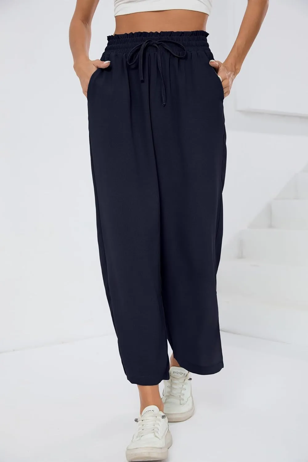 HIYIYEZI Womens Wide Leg Lounge Pants High Waisted Drawstring Casual Loose Palazzo Trousers with Pockets
