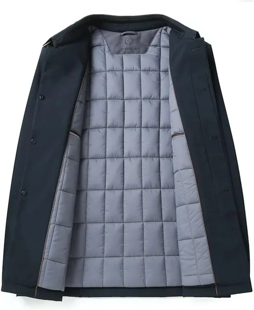 Hndudnff Men's Lapel Thin Padded Cotton Jacket Solid Medium Length Outerwear with Pocket Coat