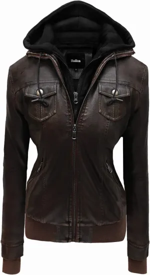 Hoffen Premium Vegan Leather Jacket for Women with Detachable Hood - Seitig Model