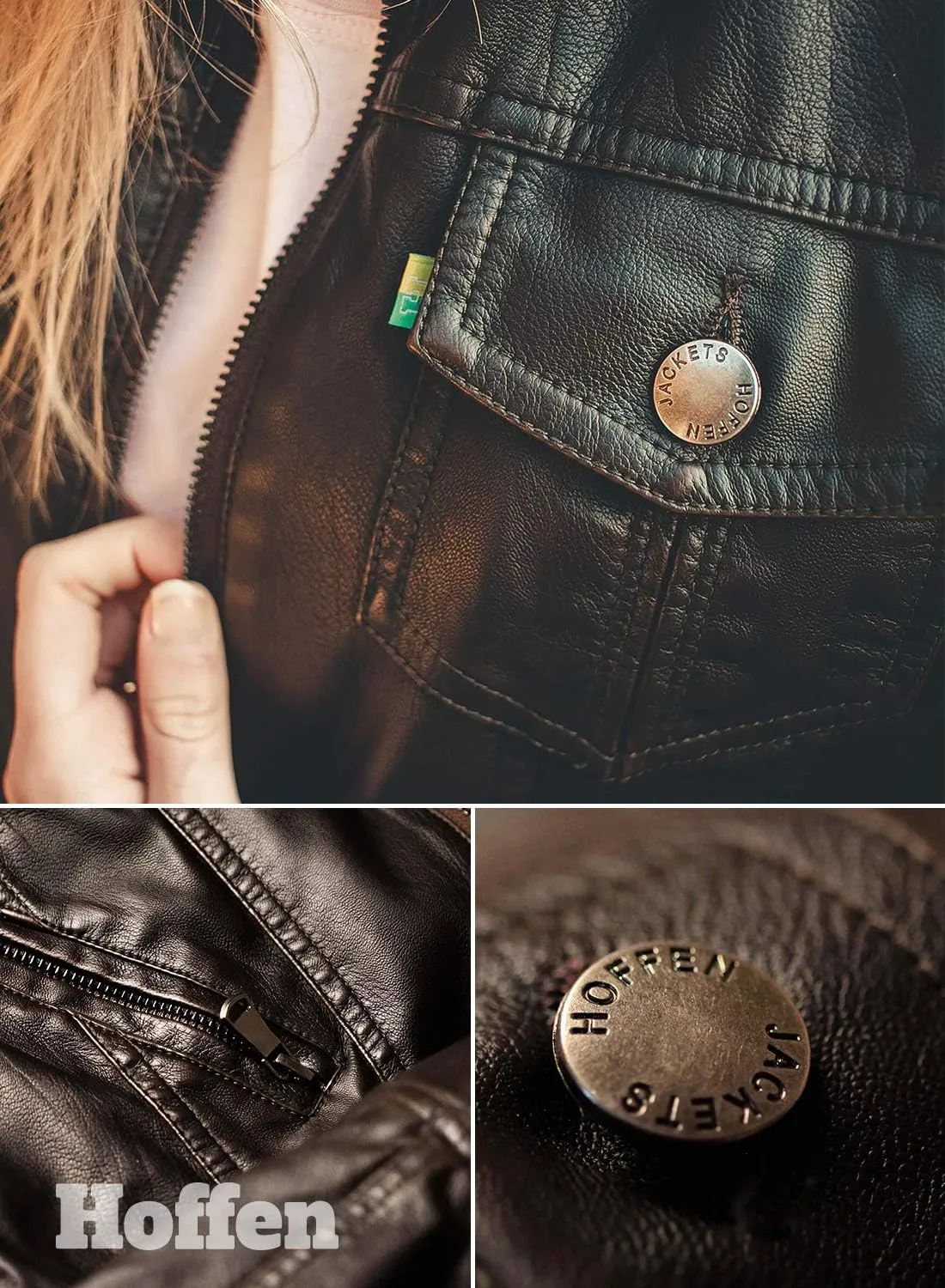 Hoffen Premium Vegan Leather Jacket for Women with Detachable Hood - Seitig Model