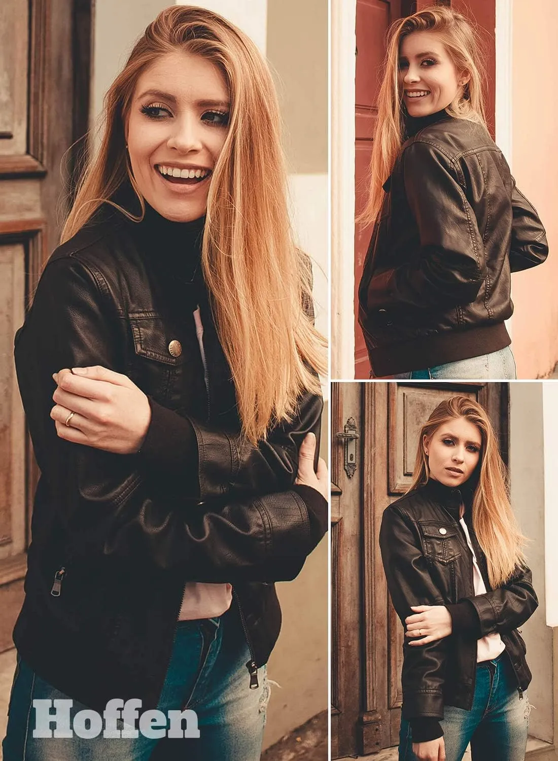 Hoffen Premium Vegan Leather Jacket for Women with Detachable Hood - Seitig Model