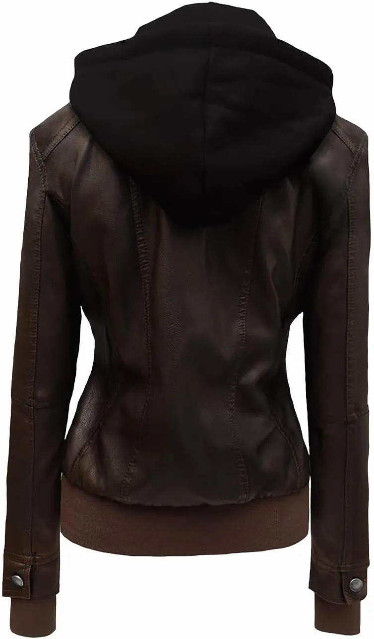 Hoffen Premium Vegan Leather Jacket for Women with Detachable Hood - Seitig Model