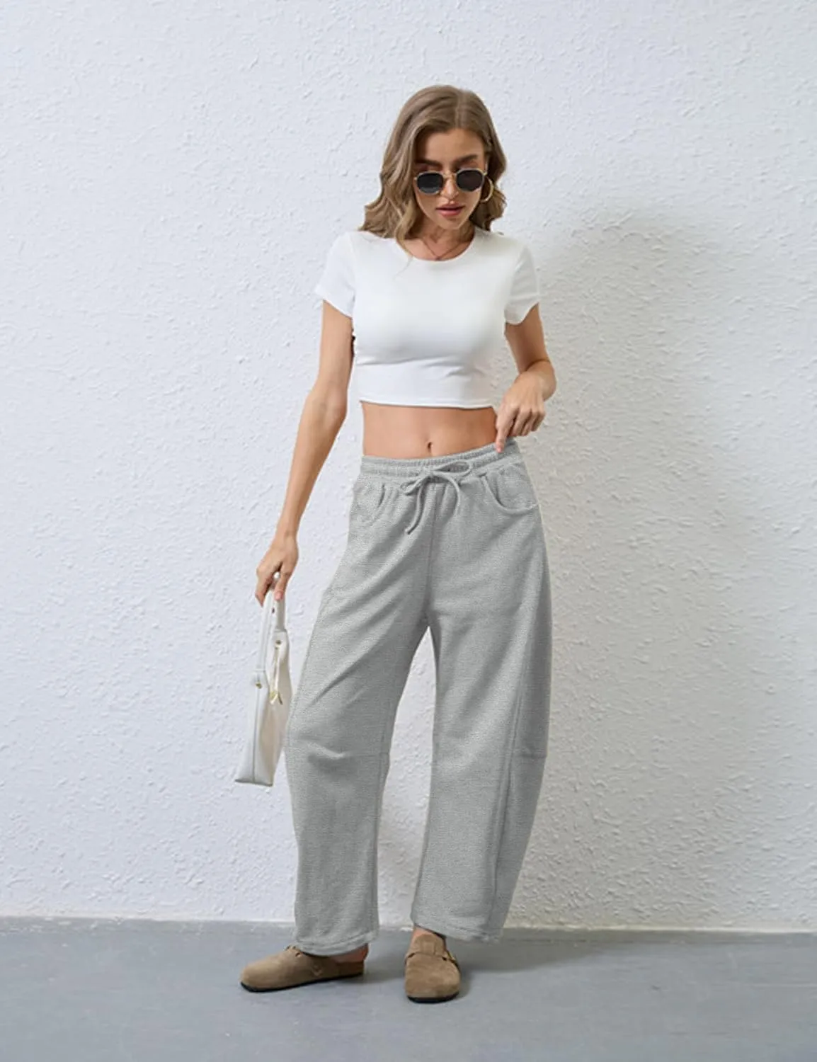 Hongsui Women's Barrel Leg Pants Elasticated Waistband Soft Wide Leg Pants with Pockets Casual Sweatpants