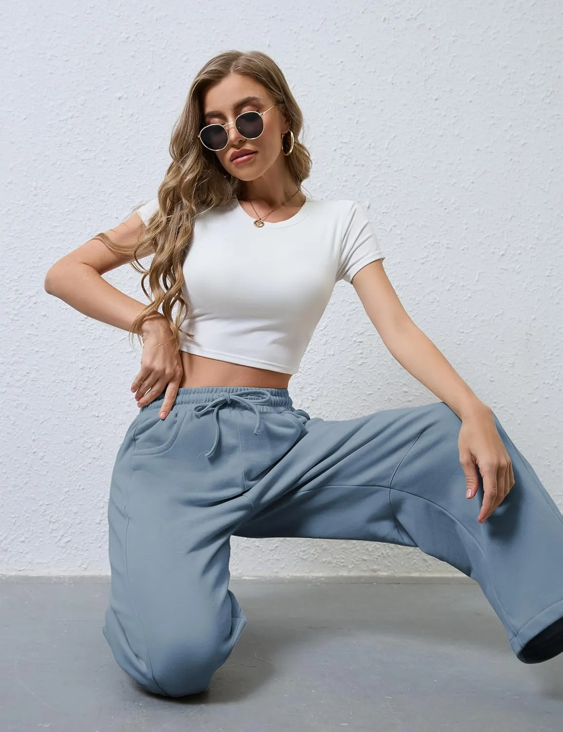 Hongsui Women's Barrel Leg Pants Elasticated Waistband Soft Wide Leg Pants with Pockets Casual Sweatpants