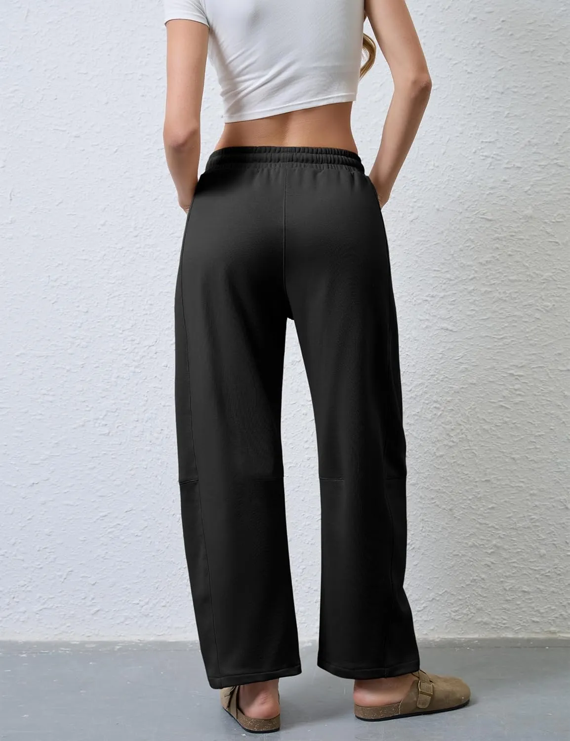 Hongsui Women's Barrel Leg Pants Elasticated Waistband Soft Wide Leg Pants with Pockets Casual Sweatpants