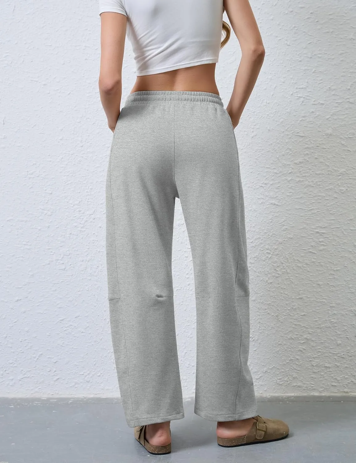 Hongsui Women's Barrel Leg Pants Elasticated Waistband Soft Wide Leg Pants with Pockets Casual Sweatpants