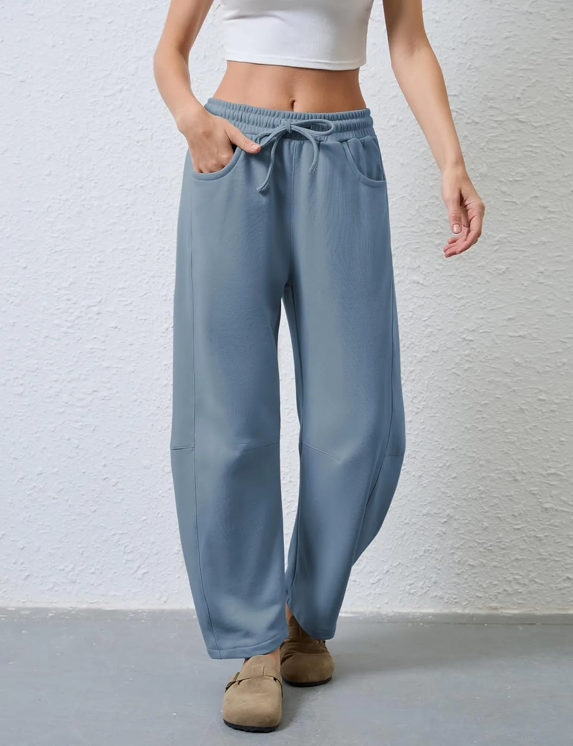 Hongsui Women's Barrel Leg Pants Elasticated Waistband Soft Wide Leg Pants with Pockets Casual Sweatpants