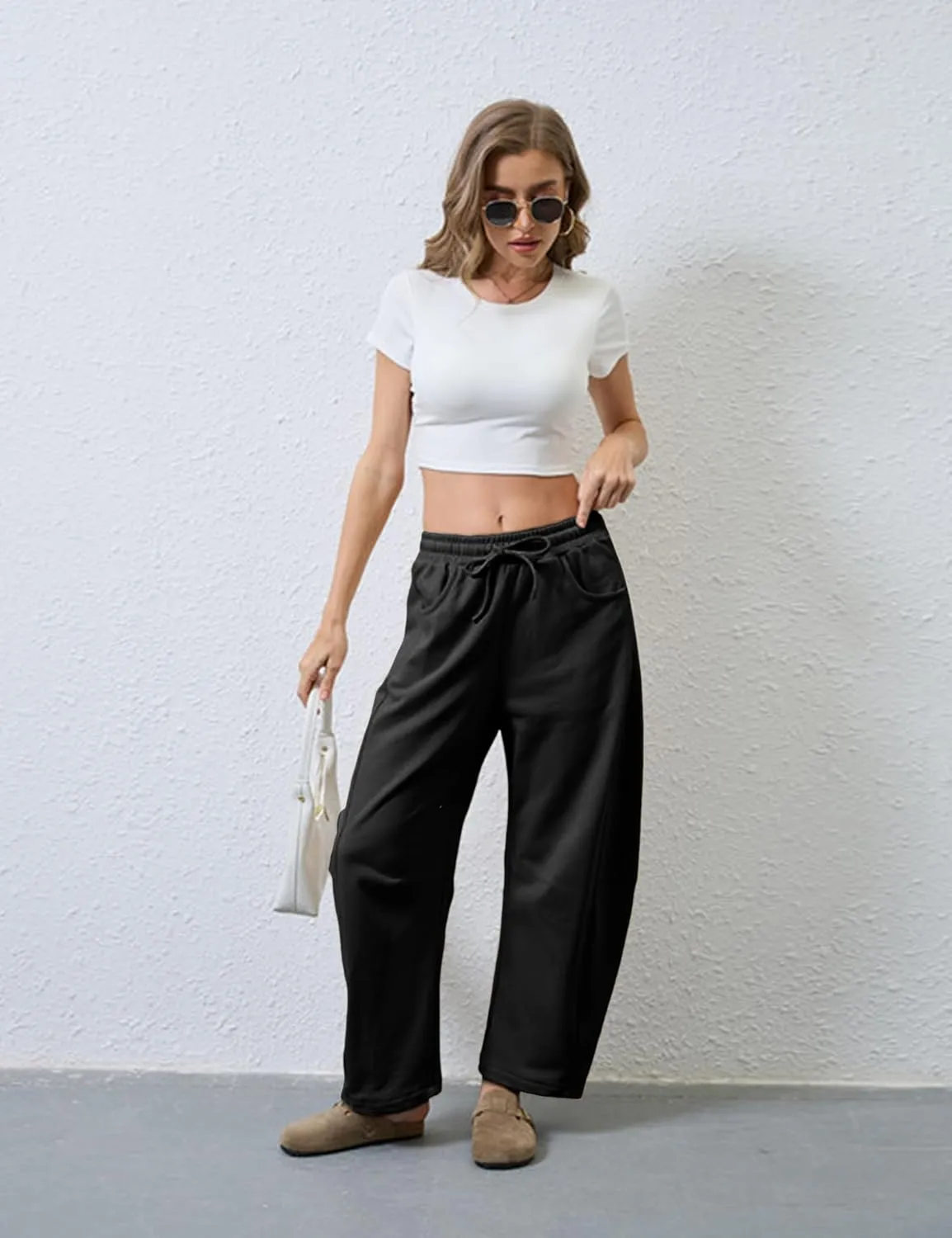 Hongsui Women's Barrel Leg Pants Elasticated Waistband Soft Wide Leg Pants with Pockets Casual Sweatpants