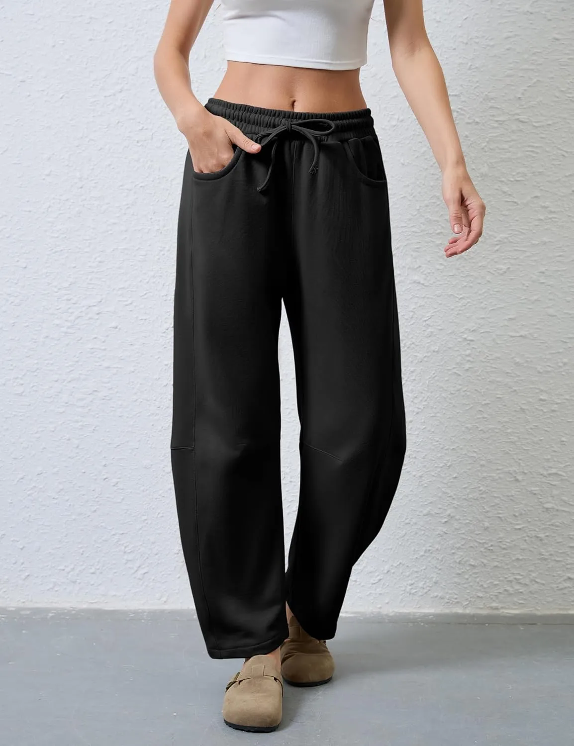 Hongsui Women's Barrel Leg Pants Elasticated Waistband Soft Wide Leg Pants with Pockets Casual Sweatpants