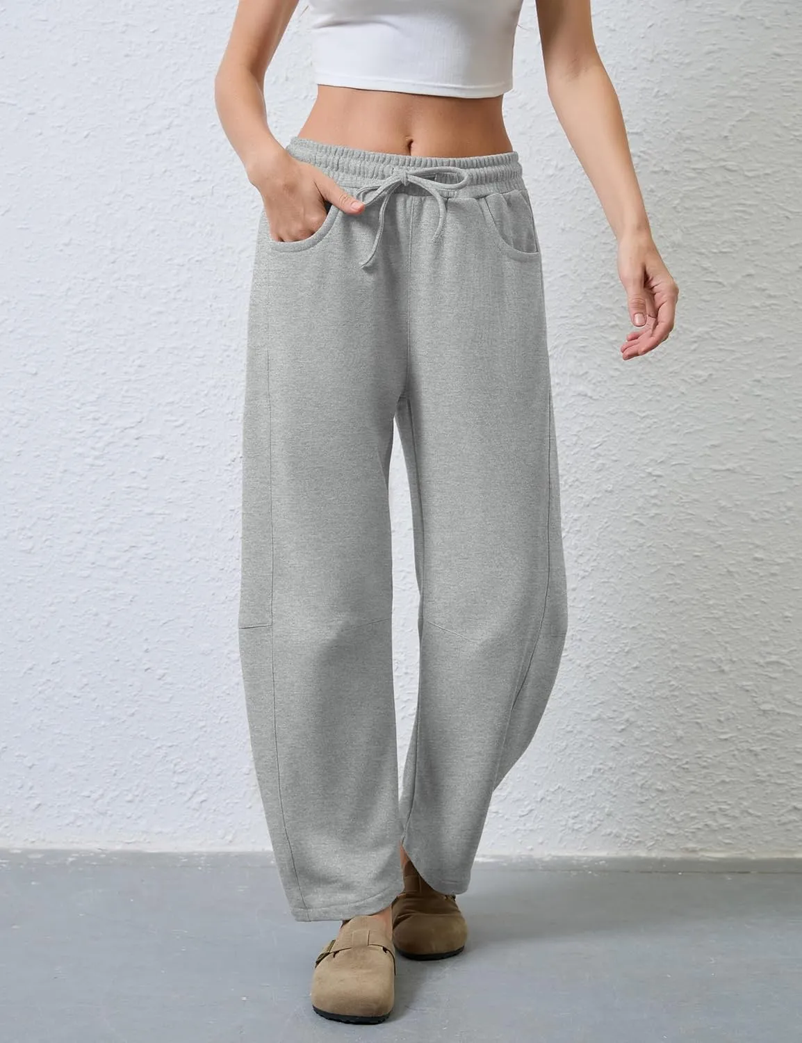Hongsui Women's Barrel Leg Pants Elasticated Waistband Soft Wide Leg Pants with Pockets Casual Sweatpants