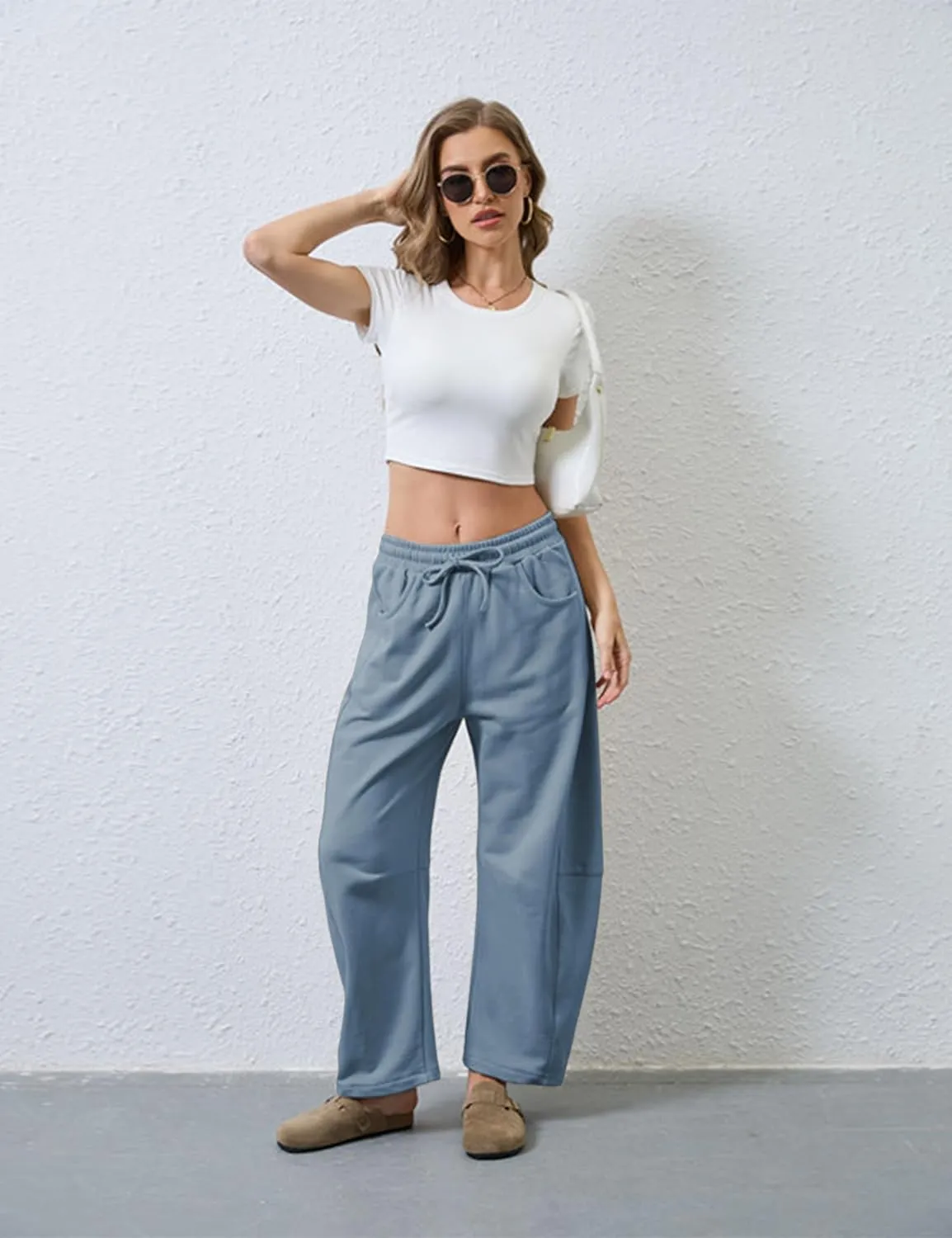 Hongsui Women's Barrel Leg Pants Elasticated Waistband Soft Wide Leg Pants with Pockets Casual Sweatpants