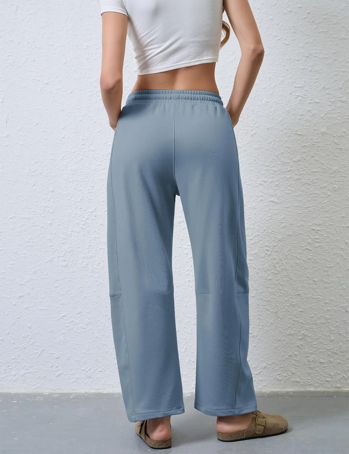 Hongsui Women's Barrel Leg Pants Elasticated Waistband Soft Wide Leg Pants with Pockets Casual Sweatpants
