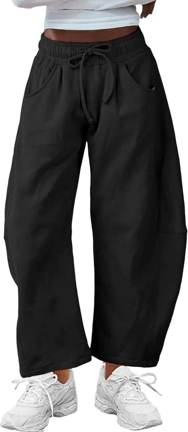 Hongsui Women's Barrel Leg Pants Elasticated Waistband Soft Wide Leg Pants with Pockets Casual Sweatpants