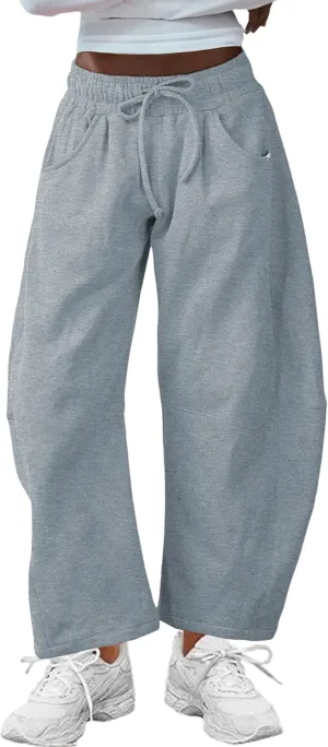 Hongsui Women's Barrel Leg Pants Elasticated Waistband Soft Wide Leg Pants with Pockets Casual Sweatpants