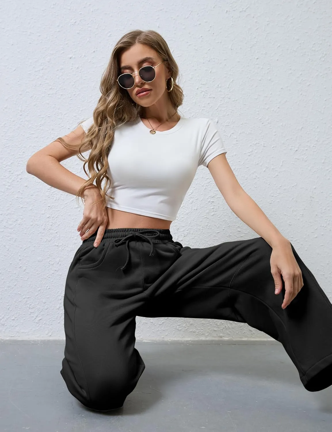 Hongsui Women's Barrel Leg Pants Elasticated Waistband Soft Wide Leg Pants with Pockets Casual Sweatpants