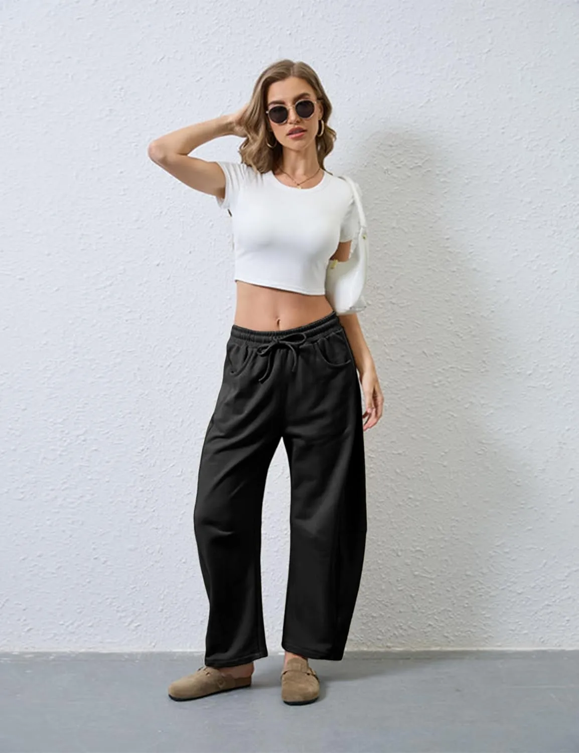 Hongsui Women's Barrel Leg Pants Elasticated Waistband Soft Wide Leg Pants with Pockets Casual Sweatpants