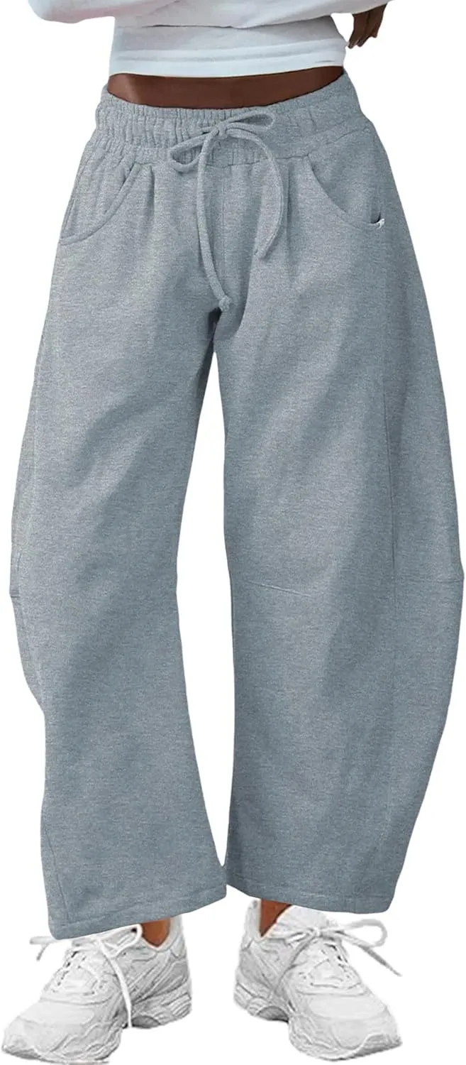 Hongsui Women's Barrel Leg Pants Elasticated Waistband Soft Wide Leg Pants with Pockets Casual Sweatpants
