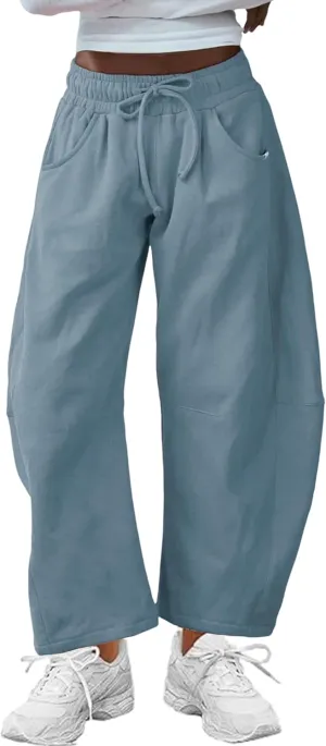 Hongsui Women's Barrel Leg Pants Elasticated Waistband Soft Wide Leg Pants with Pockets Casual Sweatpants
