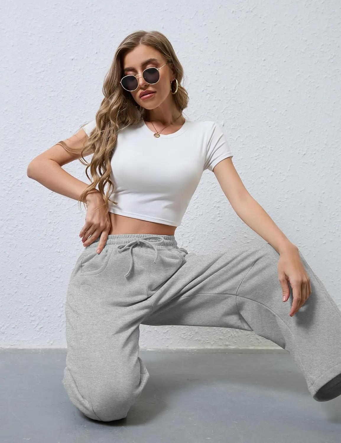 Hongsui Women's Barrel Leg Pants Elasticated Waistband Soft Wide Leg Pants with Pockets Casual Sweatpants