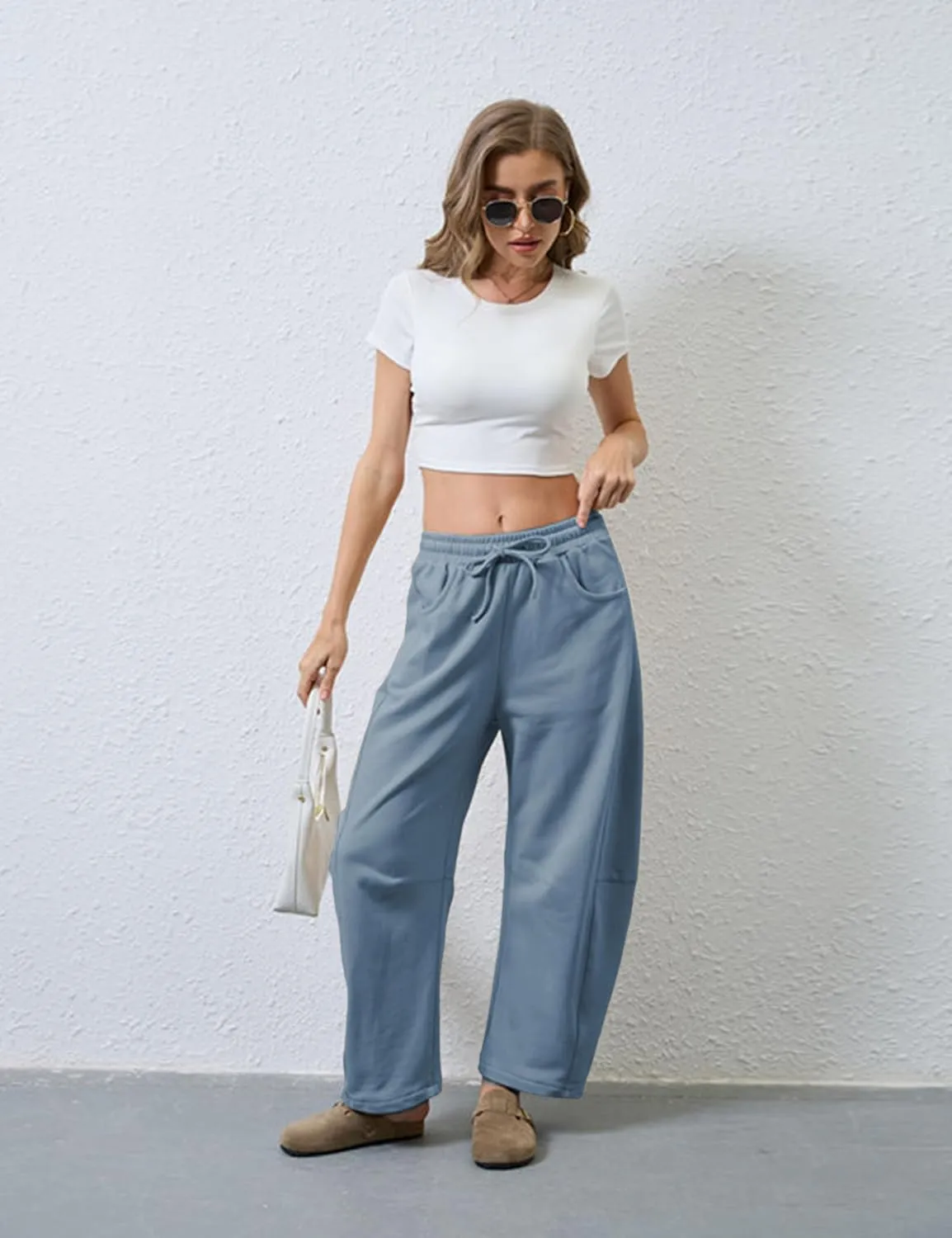 Hongsui Women's Barrel Leg Pants Elasticated Waistband Soft Wide Leg Pants with Pockets Casual Sweatpants