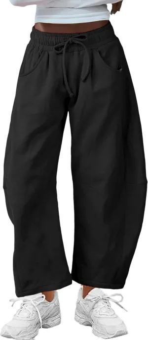 Hongsui Women's Barrel Leg Pants Elasticated Waistband Soft Wide Leg Pants with Pockets Casual Sweatpants