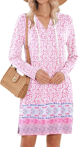 HOTOUCH Womens UPF 50  Cover-Up Dress Beach SPF Sun Protection Long Sleeve Shirts Dress Lightweight Athletic UV Hoodie