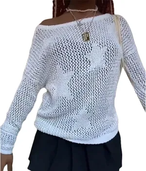 HOXIJIA Women Long Sleeve Sweaters Hollow Out Loose Round Neck Off Shoulder Crochet Cutout Fishnet Pullover Knitwear