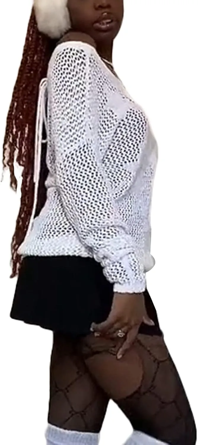 HOXIJIA Women Long Sleeve Sweaters Hollow Out Loose Round Neck Off Shoulder Crochet Cutout Fishnet Pullover Knitwear