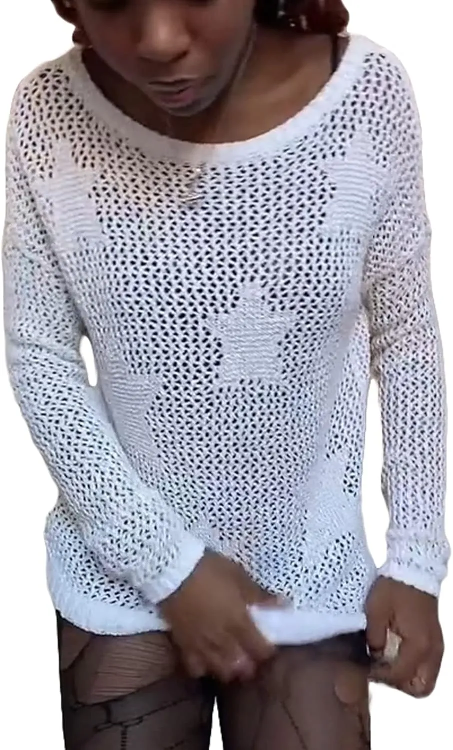 HOXIJIA Women Long Sleeve Sweaters Hollow Out Loose Round Neck Off Shoulder Crochet Cutout Fishnet Pullover Knitwear