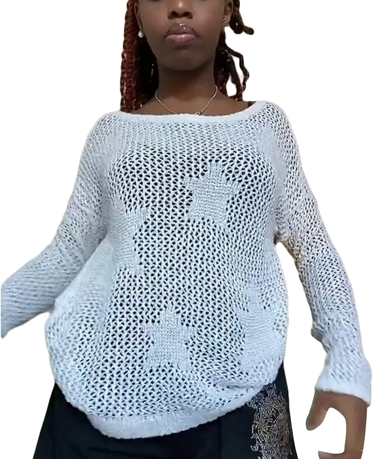 HOXIJIA Women Long Sleeve Sweaters Hollow Out Loose Round Neck Off Shoulder Crochet Cutout Fishnet Pullover Knitwear
