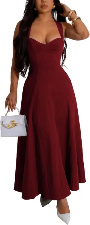 HTD Denim Dress for Women Sexy Strap Flowy Maxi Jean Dress Sleveeless Casual Long Dresses
