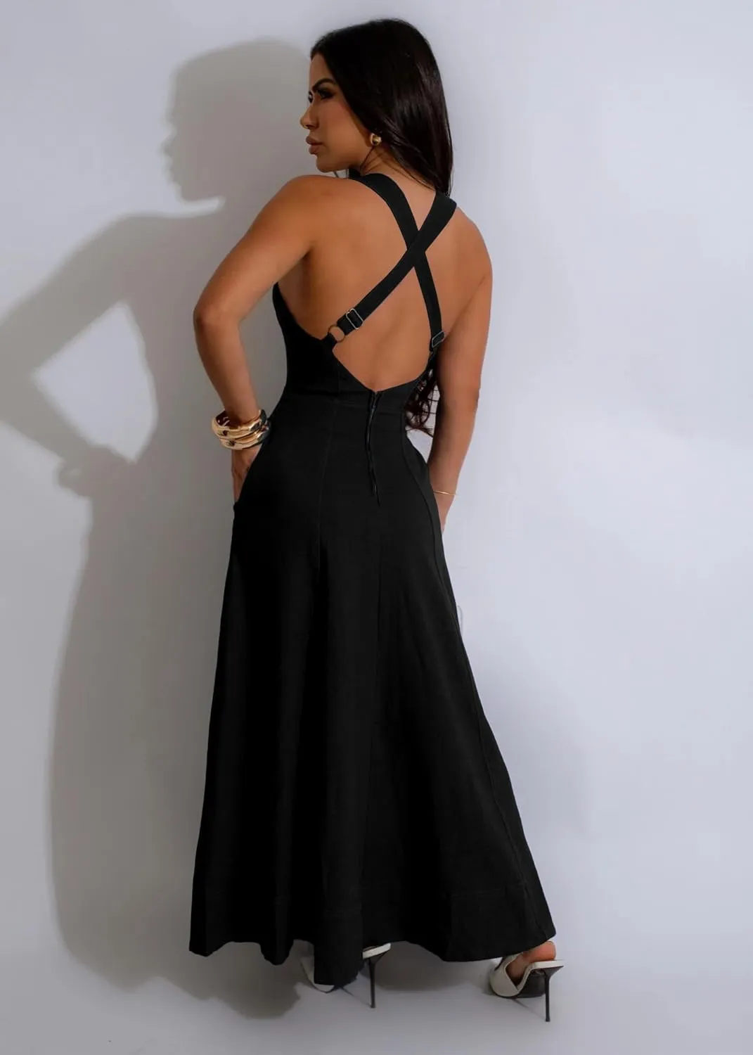 HTD Denim Dress for Women Sexy Strap Flowy Maxi Jean Dress Sleveeless Casual Long Dresses
