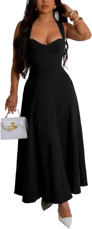 HTD Denim Dress for Women Sexy Strap Flowy Maxi Jean Dress Sleveeless Casual Long Dresses