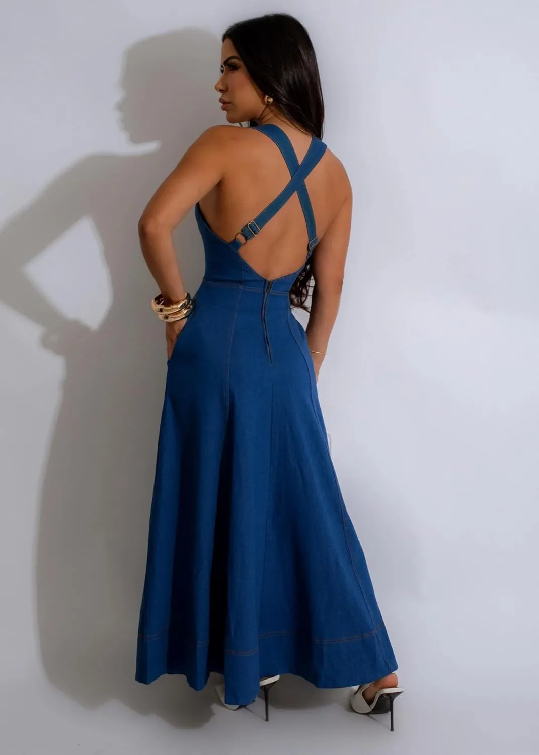 HTD Denim Dress for Women Sexy Strap Flowy Maxi Jean Dress Sleveeless Casual Long Dresses