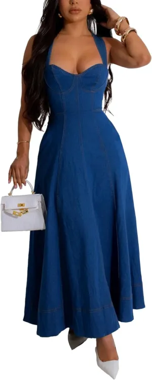 HTD Denim Dress for Women Sexy Strap Flowy Maxi Jean Dress Sleveeless Casual Long Dresses