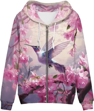 HUIACONG Hummingbird Zip Up Hoodie XL Women Oversized Graphic Sweatshirt Floral Fall Trends Women 2024 Clothes Womens Full Zip Jacket Streetwear Sweaters Tops