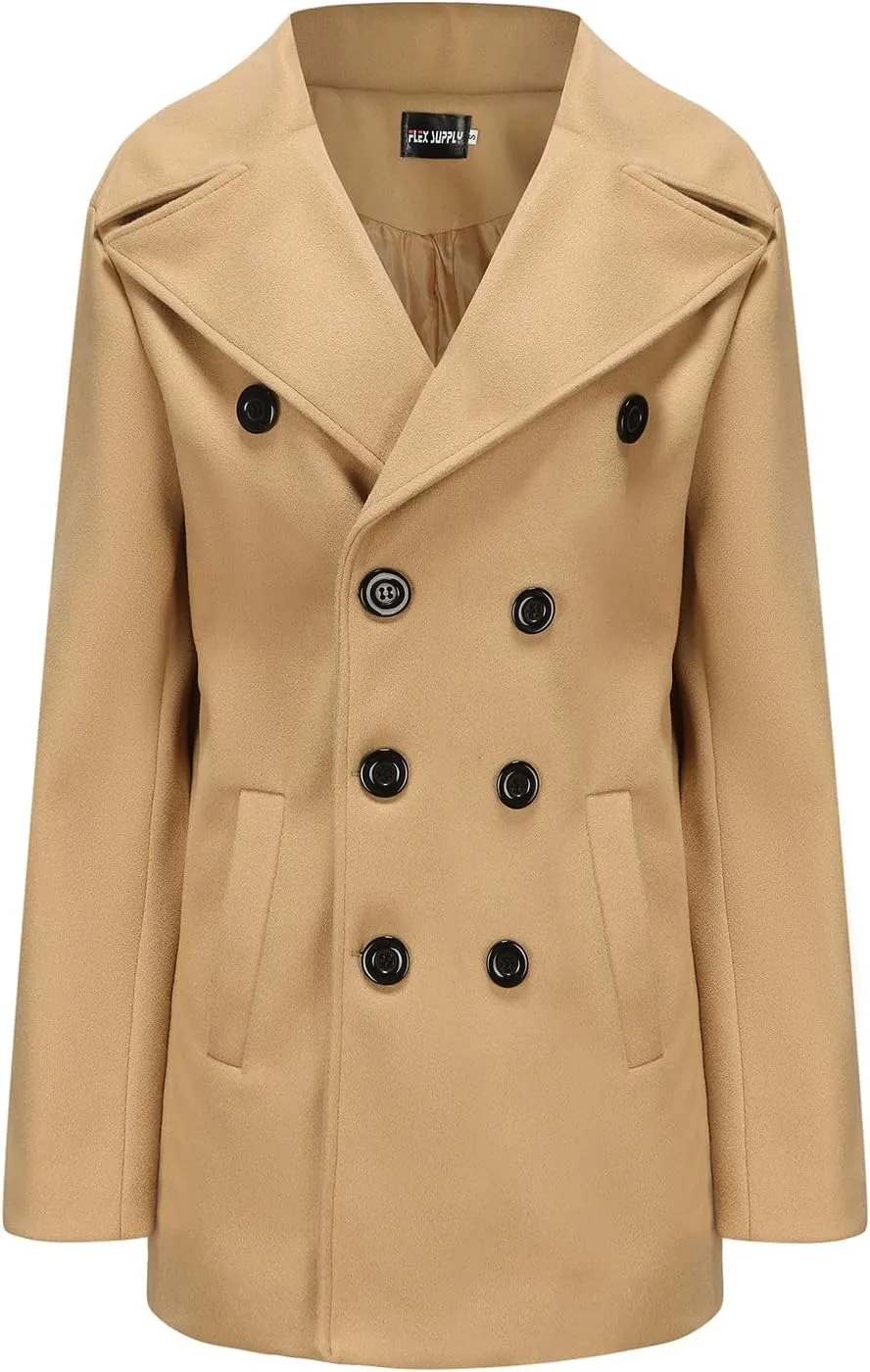 Hulpvktsgiq Men's Pea Coat Notched Collar Double Breasted Overcoat Warm Winter Trench Coat Cardigan Heavyweight Outerwear