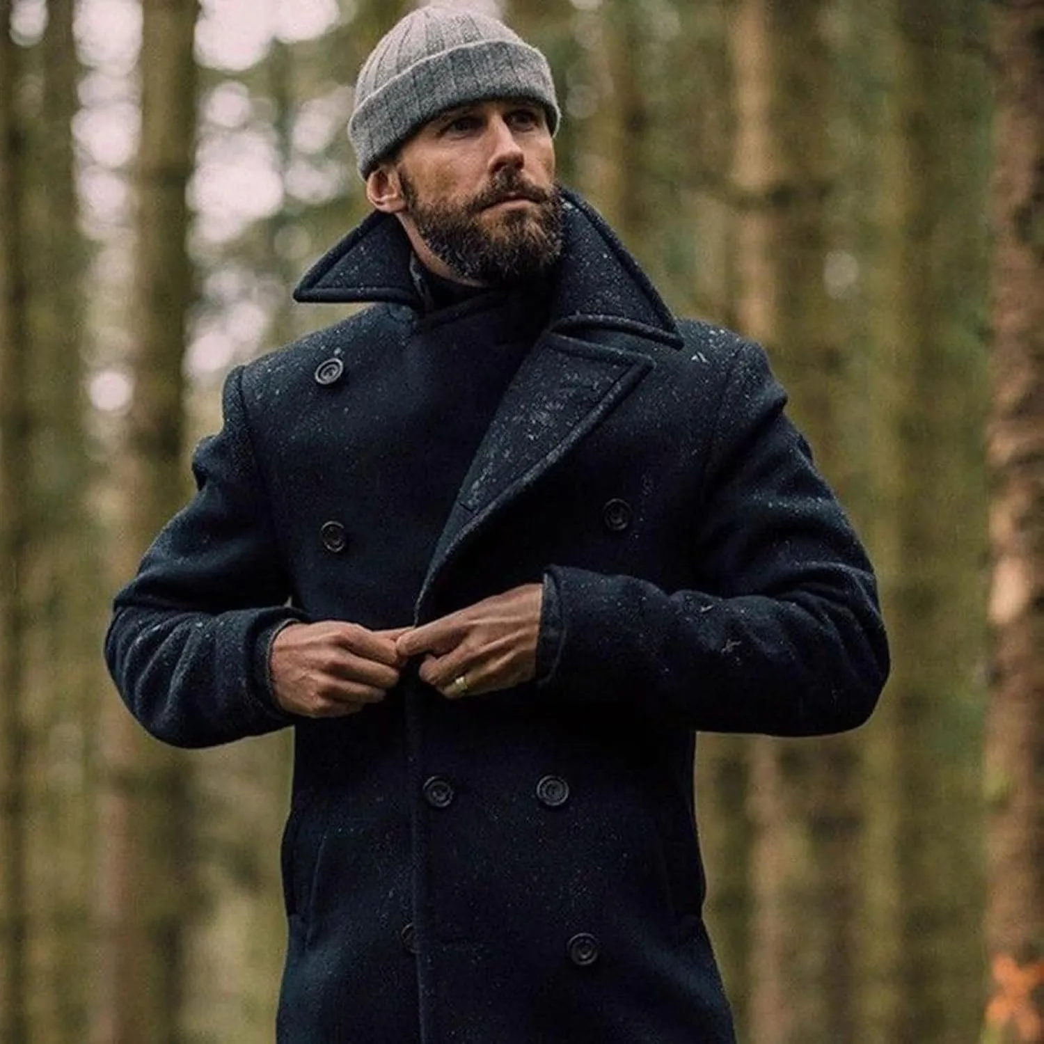 Hulpvktsgiq Men's Pea Coat Notched Collar Double Breasted Overcoat Warm Winter Trench Coat Cardigan Heavyweight Outerwear