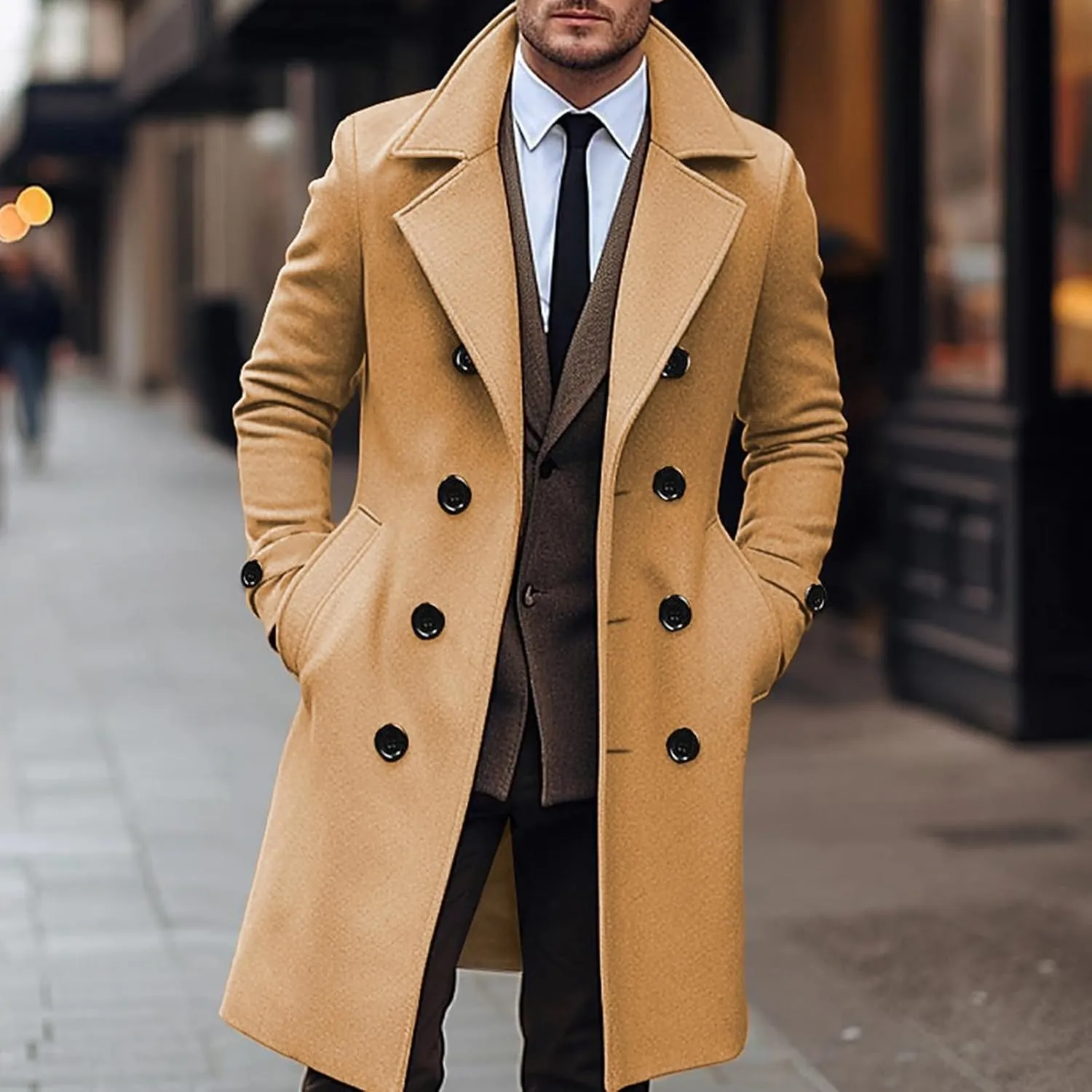 Hulpvktsgiq Men's Pea Coat Notched Collar Double Breasted Overcoat Warm Winter Trench Coat Cardigan Heavyweight Outerwear