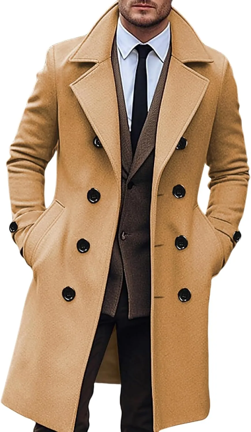 Hulpvktsgiq Men's Pea Coat Notched Collar Double Breasted Overcoat Warm Winter Trench Coat Cardigan Heavyweight Outerwear