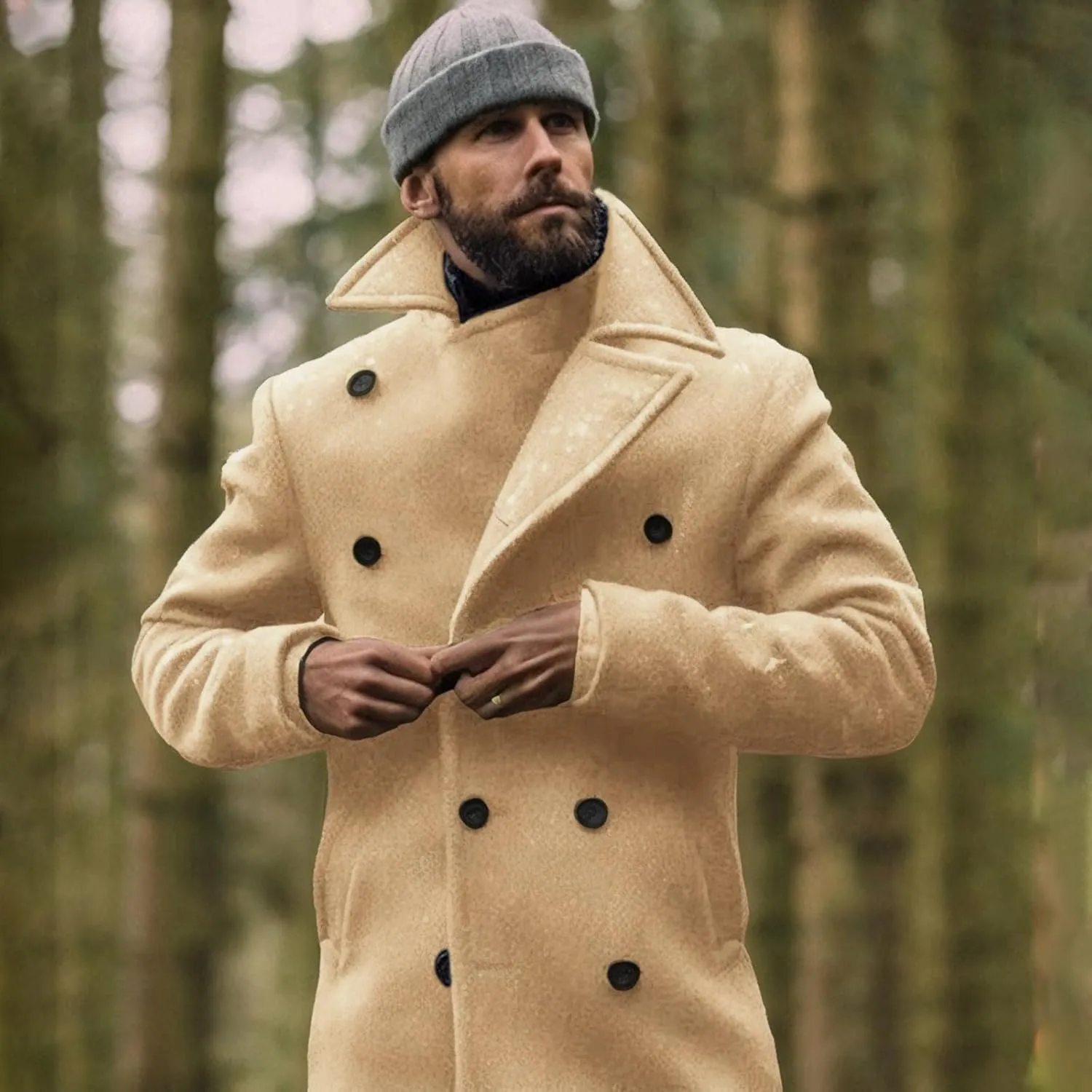 Hulpvktsgiq Men's Pea Coat Notched Collar Double Breasted Overcoat Warm Winter Trench Coat Cardigan Heavyweight Outerwear