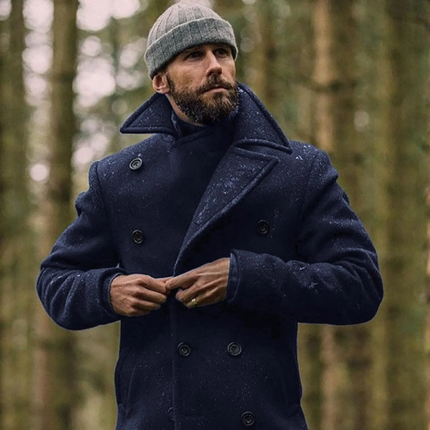 Hulpvktsgiq Men's Pea Coat Notched Collar Double Breasted Overcoat Warm Winter Trench Coat Cardigan Heavyweight Outerwear