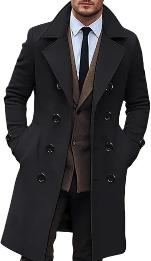 Hulpvktsgiq Men's Pea Coat Notched Collar Double Breasted Overcoat Warm Winter Trench Coat Cardigan Heavyweight Outerwear