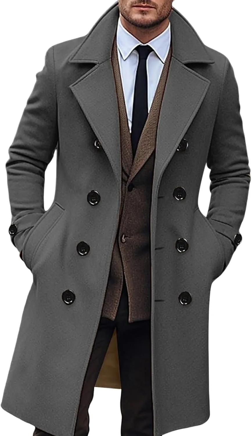 Hulpvktsgiq Men's Pea Coat Notched Collar Double Breasted Overcoat Warm Winter Trench Coat Cardigan Heavyweight Outerwear