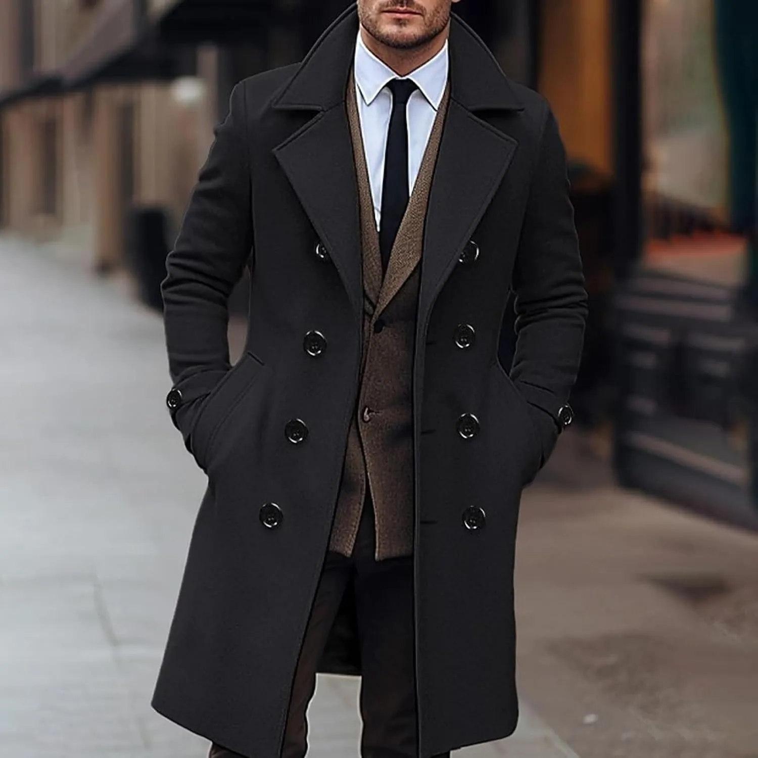Hulpvktsgiq Men's Pea Coat Notched Collar Double Breasted Overcoat Warm Winter Trench Coat Cardigan Heavyweight Outerwear