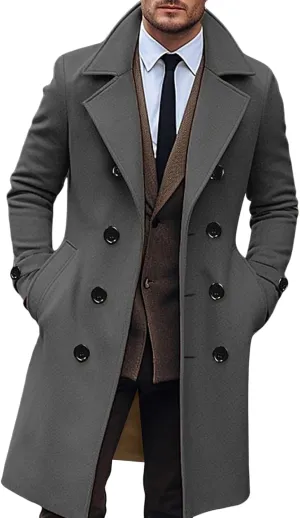 Hulpvktsgiq Men's Pea Coat Notched Collar Double Breasted Overcoat Warm Winter Trench Coat Cardigan Heavyweight Outerwear