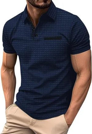 HXHYQKP Men's Short Sleeve Knit Polo Shirts Waffle Texture Knit Shirt Vintage Classic Business Button Polo Shirts
