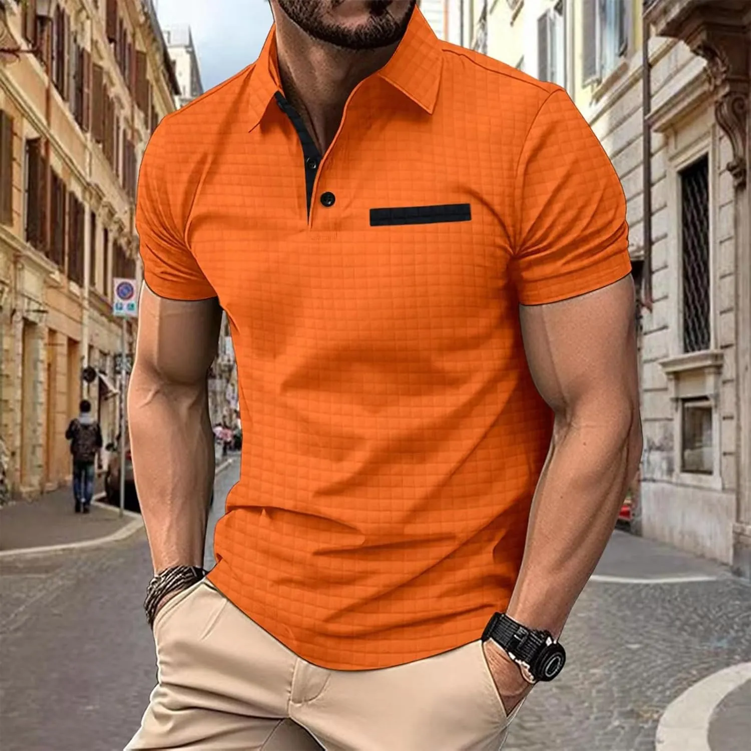 HXHYQKP Men's Short Sleeve Knit Polo Shirts Waffle Texture Knit Shirt Vintage Classic Business Button Polo Shirts