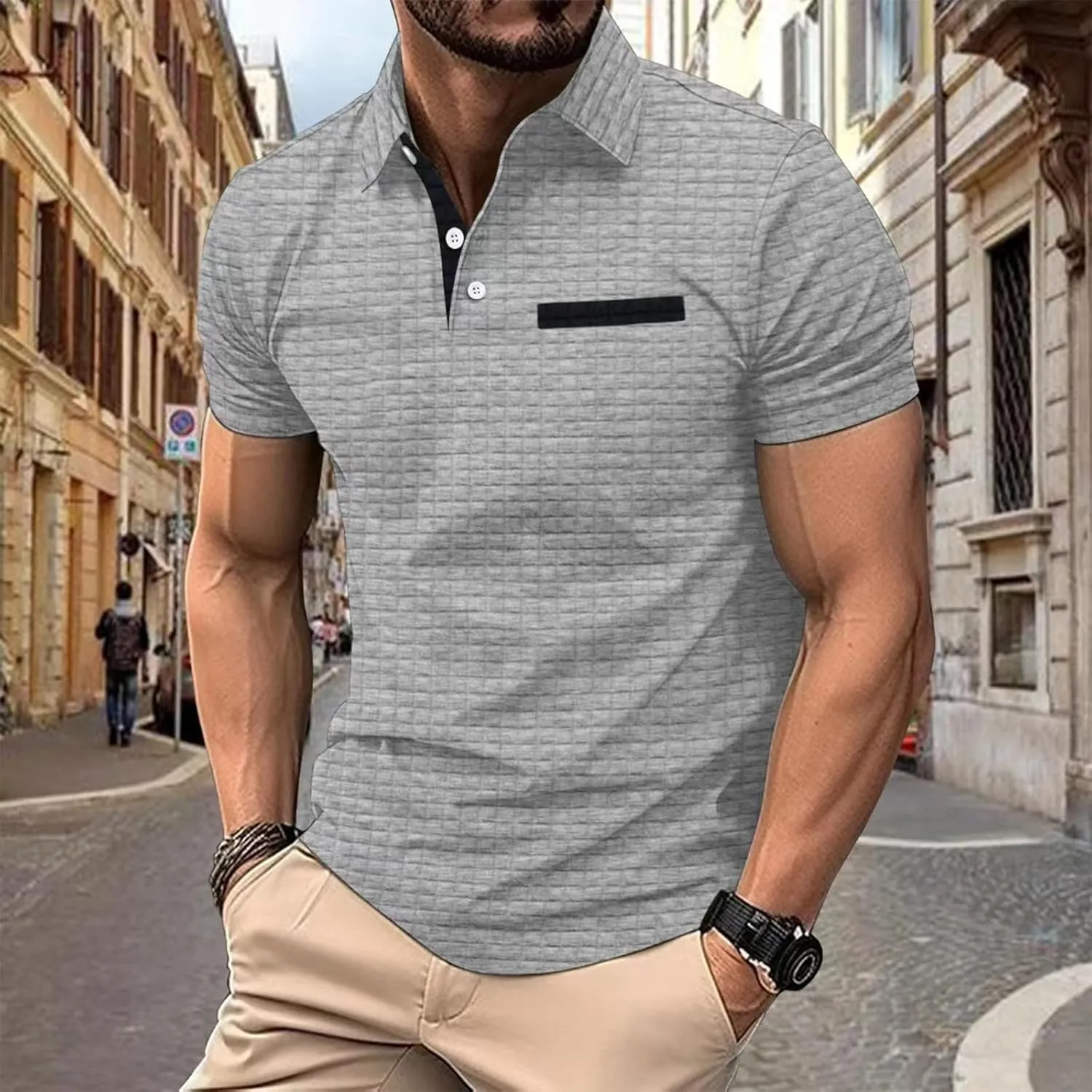 HXHYQKP Men's Short Sleeve Knit Polo Shirts Waffle Texture Knit Shirt Vintage Classic Business Button Polo Shirts
